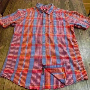 QuickSilver Men's Shirt Short Sleeve Button Reddish Plaid Size M